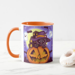 Vintage Halloween Octobre Citrouille Chat Mug