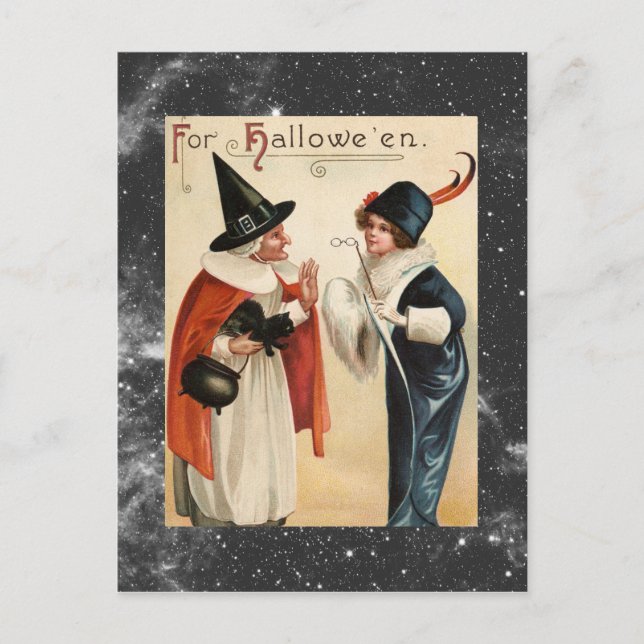 Vintage Halloween Old Witch and Stylish Lady Postcard (Front)
