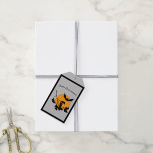 Vintage Halloween Orange Moon Flying Bats Gift Tags