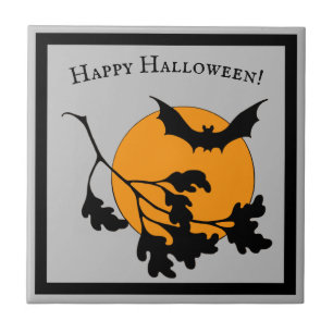 Vintage Halloween Orange Moon Flying Bats Tile