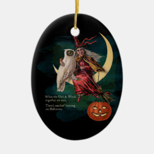 Vintage Halloween Owl and Witch Ornament