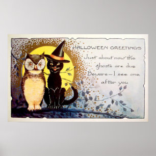 Vintage Halloween owl black cat decor poster