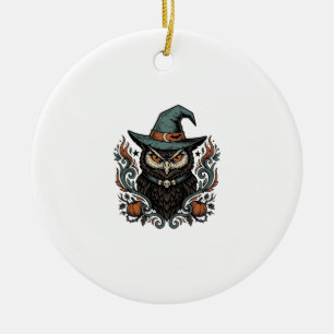 Vintage Halloween Owl Witch Hat Vector Design_1 Ceramic Ornament