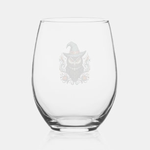 Vintage Halloween Owl Witch Hat Vector Design_1 Stemless Wine Glass