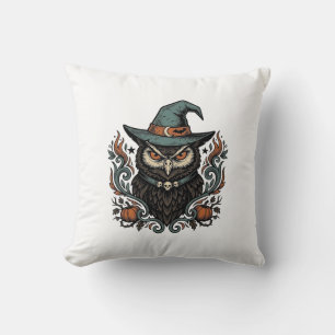 Vintage Halloween Owl Witch Hat Vector Design_1 Throw Pillow