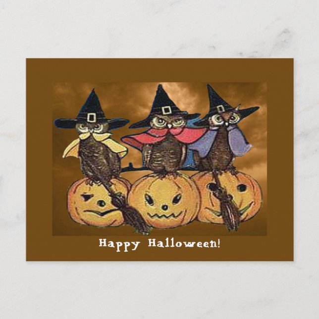 Vintage Halloween Owls and Jack o' Lanterns Postcard (Front)