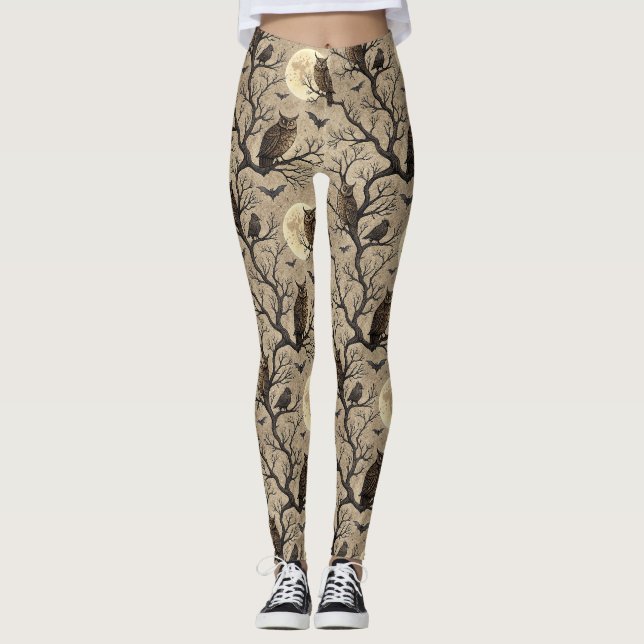 Vintage Halloween Owls & Moon Leggings (Front)