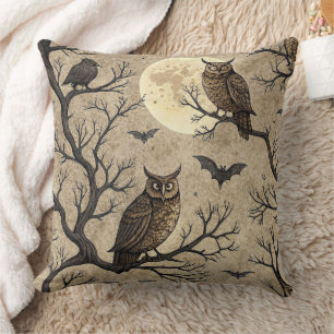 Vintage Halloween Owls & Moon Throw Pillow