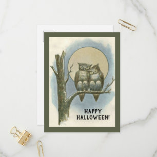 Vintage Halloween Pair of Owls Sitting Night Moon Invitation Postcard