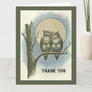 Vintage Halloween Pair of Owls Sitting Night Moon Thank You Card