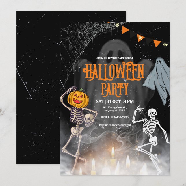 Vintage Halloween Party invite, Halloween Skeleton Invitation (Front/Back)