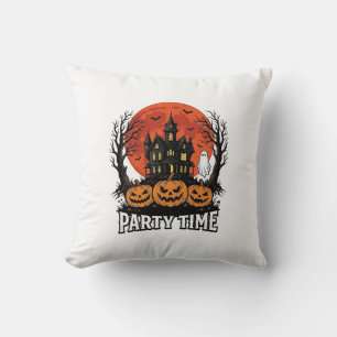 Vintage Halloween Party Time Ghost Pumpkin Shirt_1 Throw Pillow