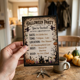 Vintage Halloween Party Witch & Haunted House Invitation