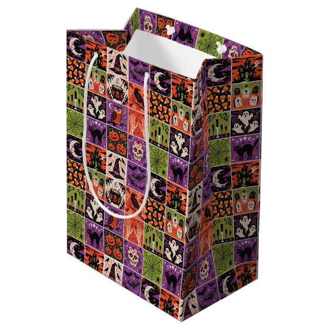 Vintage Halloween Patchwork Pattern Gift Bag (Back Angled)