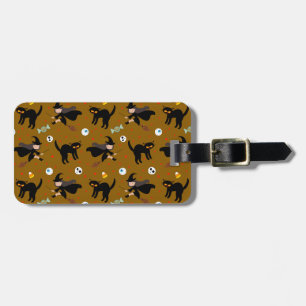 Vintage Halloween Pattern Witch Broom Black Cat Luggage Tag