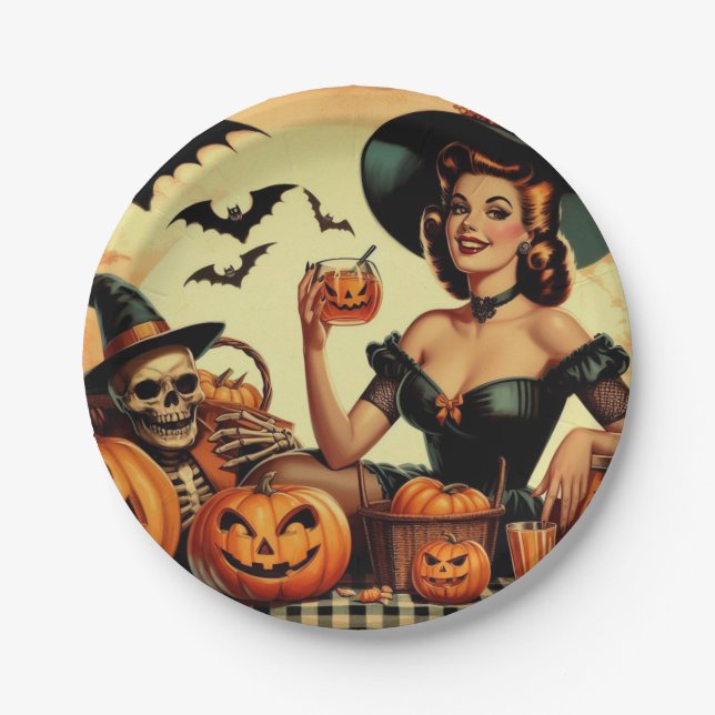 Vintage Halloween Pin-Up Paper Plate (Front)