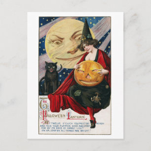 Vintage Halloween Pretty Witch and Man in the Moon Postcard
