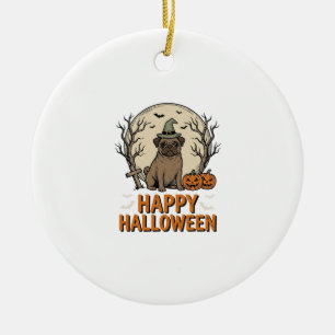 Vintage Halloween Pug Dog Witch Hat Shirt Design_1 Ceramic Ornament