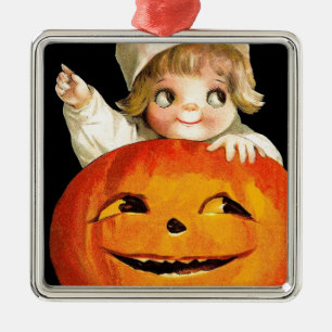 Vintage Halloween Pumpkin and Cute Girl Gift Item Metal Ornament