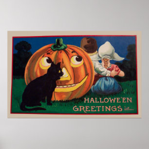 Vintage Halloween pumpkin and kids party poster