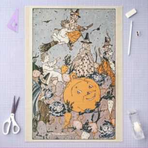 Vintage Halloween Pumpkin and Witches Decoupage  Tissue Paper