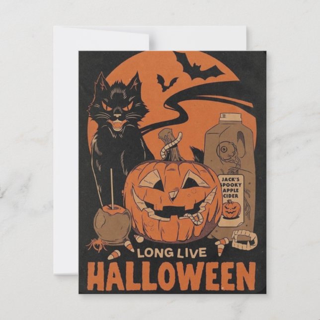 Vintage Halloween Pumpkin Black Cat Holiday Card (Front)