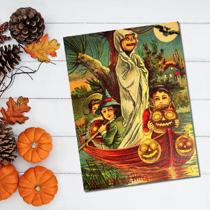 Vintage Halloween Pumpkin Boat Postcard