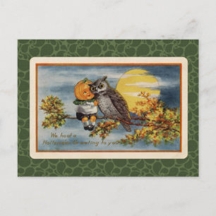 Vintage Halloween Pumpkin Boy and Owl Postcard