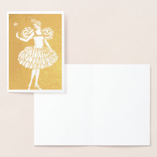 Vintage Halloween Pumpkin Fairy Illustration Foil Card
