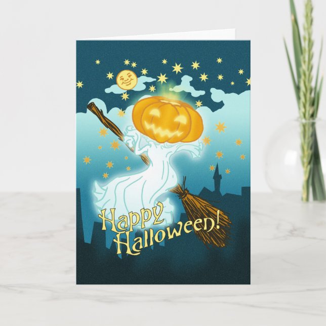 Vintage Halloween Pumpkin Ghost Card (Front)