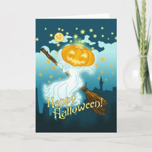 Vintage Halloween Pumpkin Ghost Card