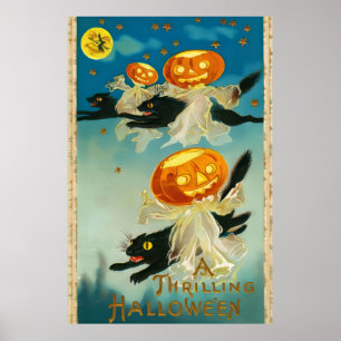 Vintage Halloween Pumpkin Ghosts and Black Cats Poster