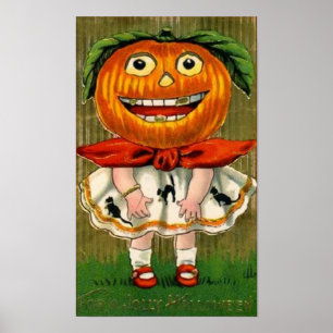 Vintage Halloween Pumpkin Head Girl Poster
