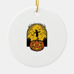 Vintage Halloween Pumpkin Moon Scarecrow Art_1 Ceramic Ornament