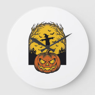 Vintage Halloween Pumpkin Moon Scarecrow Art_1 Large Clock