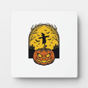 Vintage Halloween Pumpkin Moon Scarecrow Art_1 Plaque