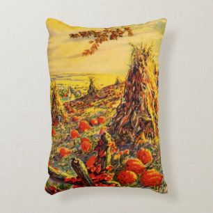 Vintage Halloween Pumpkin Patch with Haystacks Accent Pillow