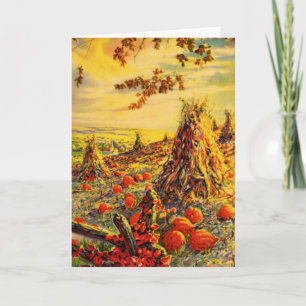 Vintage Halloween Pumpkin Patch with Haystacks Card