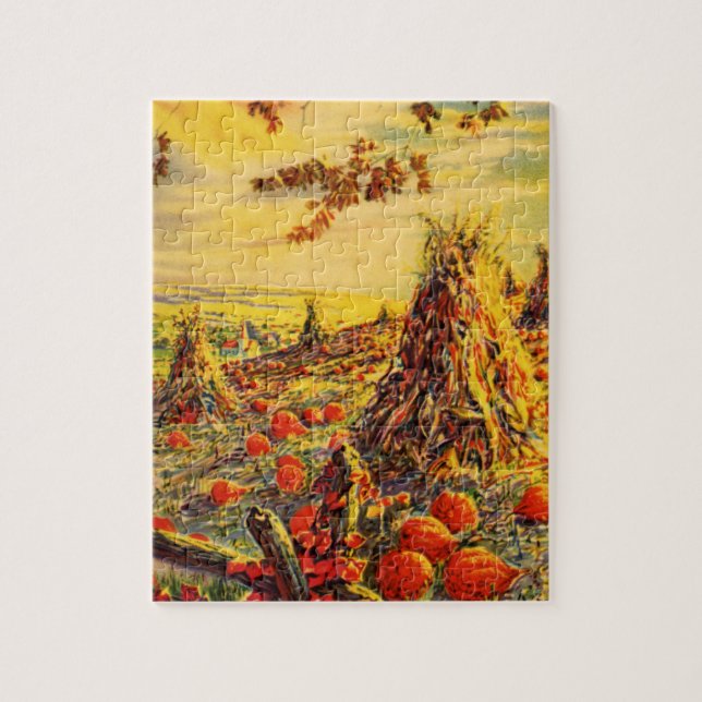 Vintage Halloween Pumpkin Patch with Haystacks Jigsaw Puzzle (Vertical)
