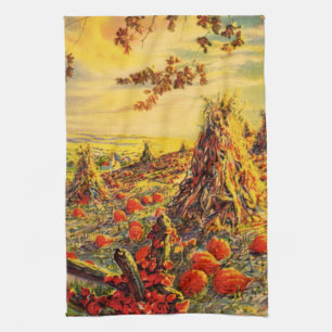 Vintage Halloween Pumpkin Patch with Haystacks Kitchen Towel