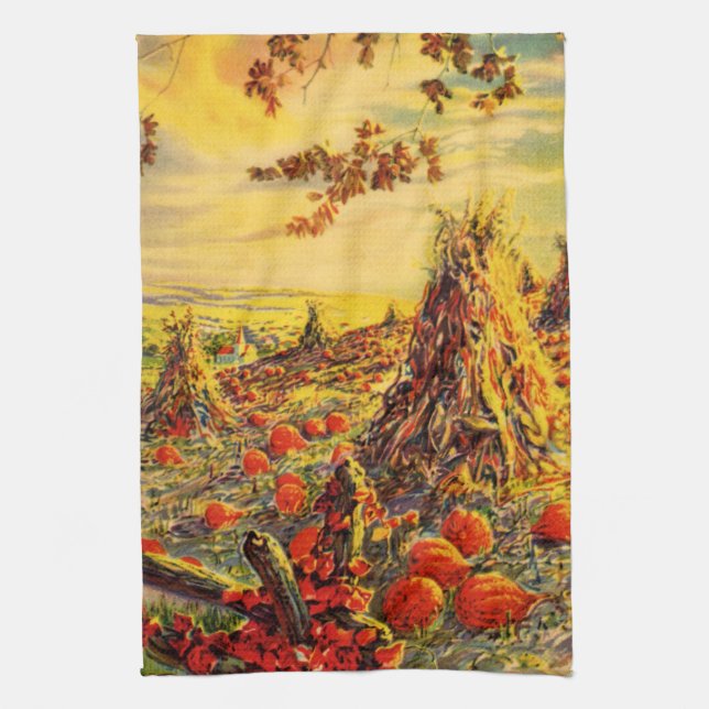 Vintage Halloween Pumpkin Patch with Haystacks Kitchen Towel (Vertical)