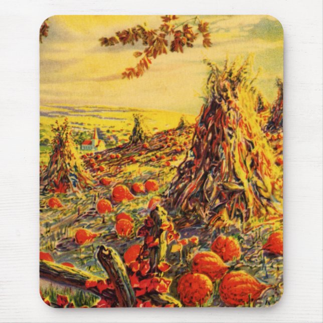 Vintage Halloween Pumpkin Patch with Haystacks Mouse Pad (Front)