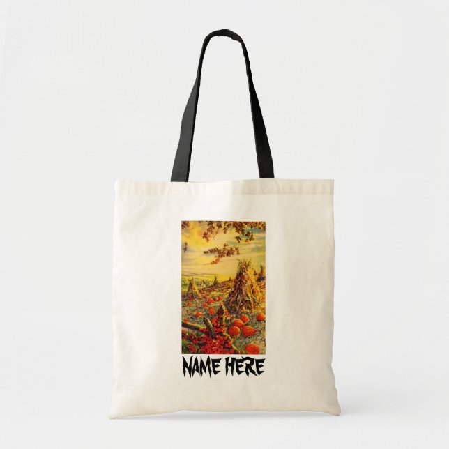 Vintage Halloween Pumpkin Patch with Haystacks Tote Bag (Front)