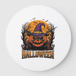 Vintage Halloween Pumpkin Witch Hat Graphic_1 Large Clock