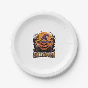 Vintage Halloween Pumpkin Witch Hat Graphic_1 Paper Plate