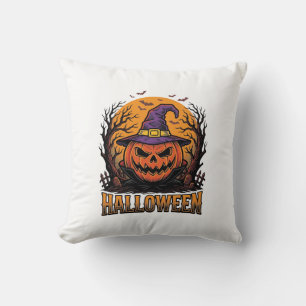 Vintage Halloween Pumpkin Witch Hat Graphic_1 Throw Pillow