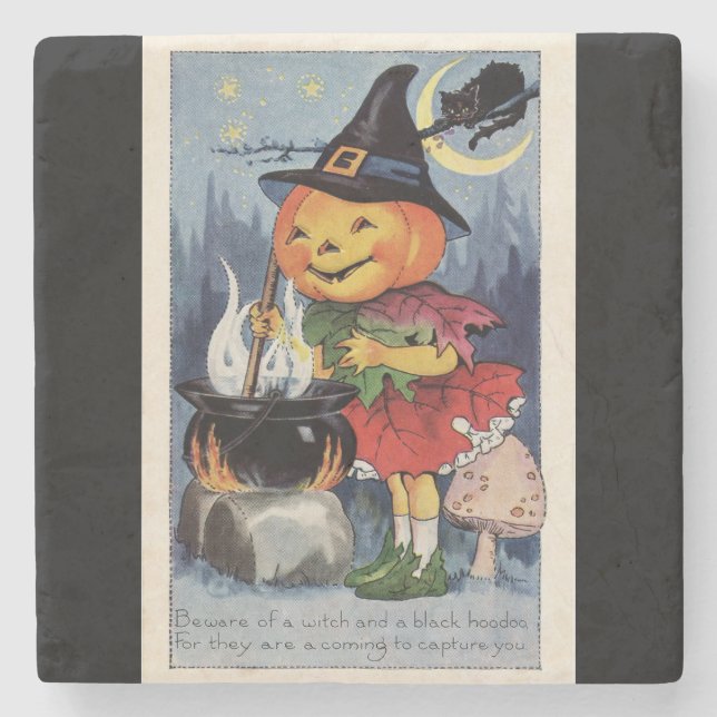 Vintage Halloween Pumpkin Witch Stone Coaster (Front)