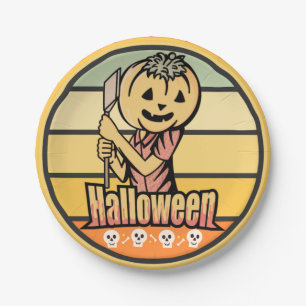 VINTAGE HALLOWEEN PUMPKIN WITH AXE AND SKULL PAPER PLATE