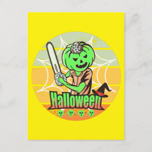 VINTAGE HALLOWEEN PUMPKIN WITH CHAINSAW AND SKULL POSTCARD