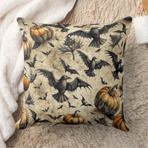 Vintage Halloween Pumpkins Bats Crows Autumn Throw Pillow